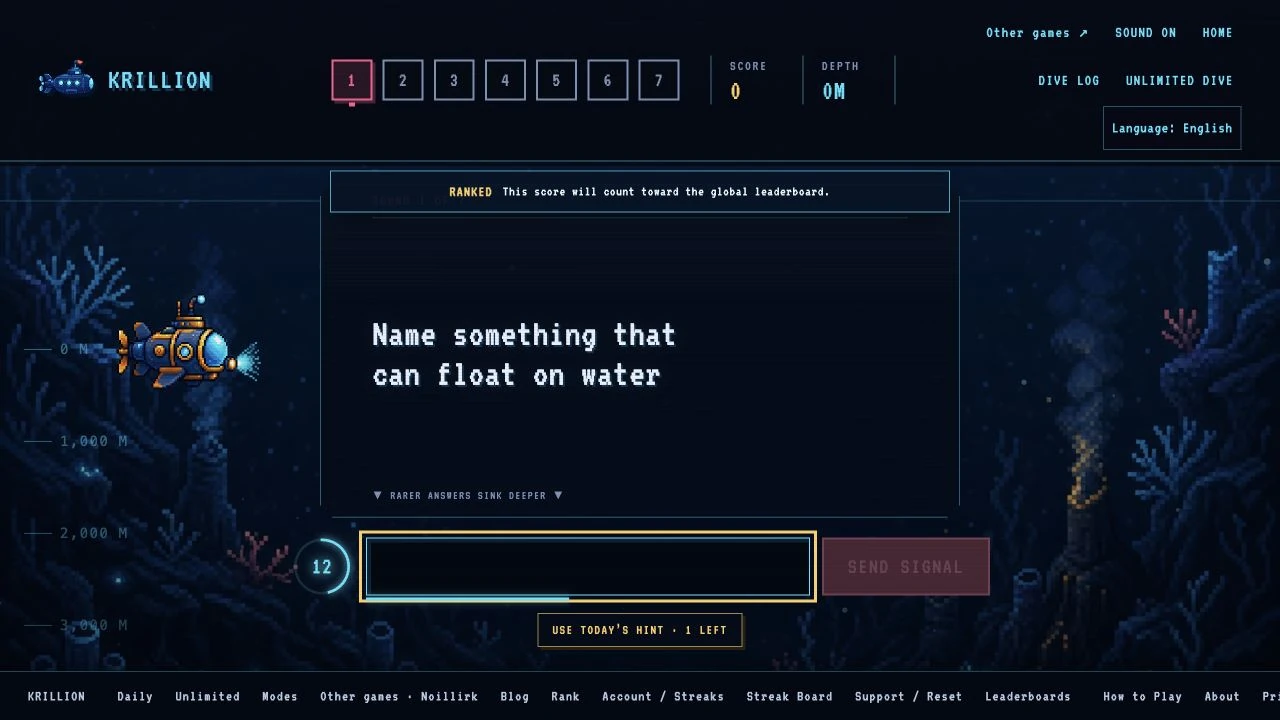 Krillion Daily gameplay asking for something that floats on water, with an answer field, timer and submarine depth meter