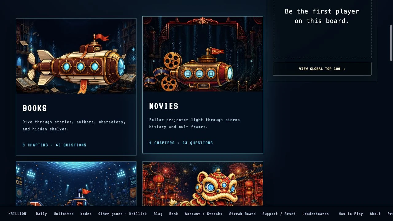 Krillion themed mode directory showing the Books and Movies worlds with illustrated submarines