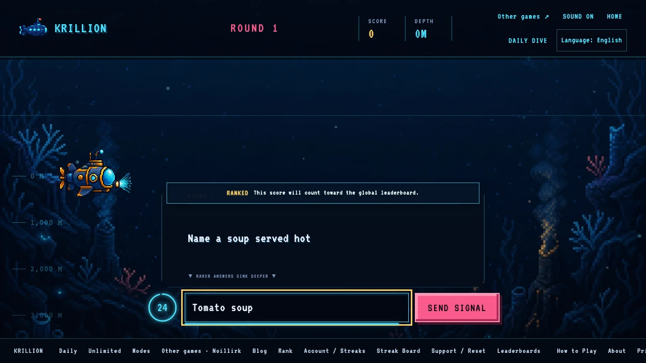 Krillion Unlimited first round with an open-answer prompt, answer field and 25-second countdown
