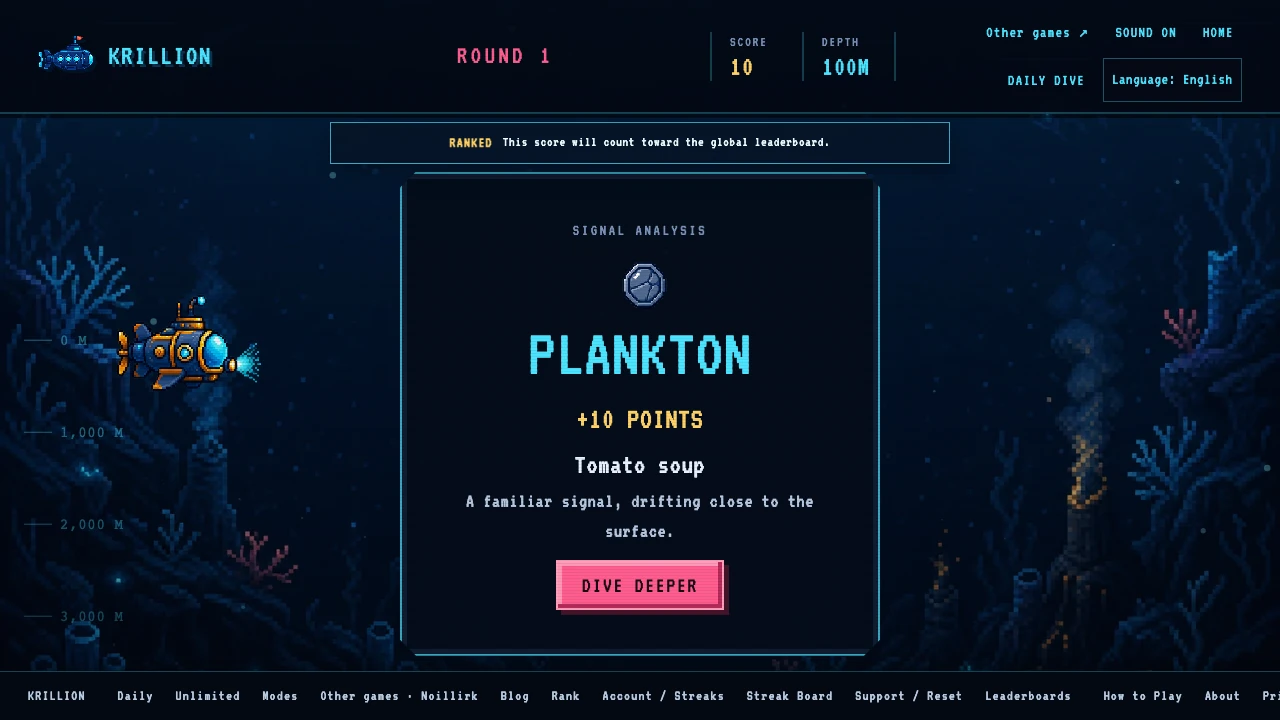 Krillion Unlimited accepted-answer feedback showing the rarity tier, awarded points and Dive Deeper button