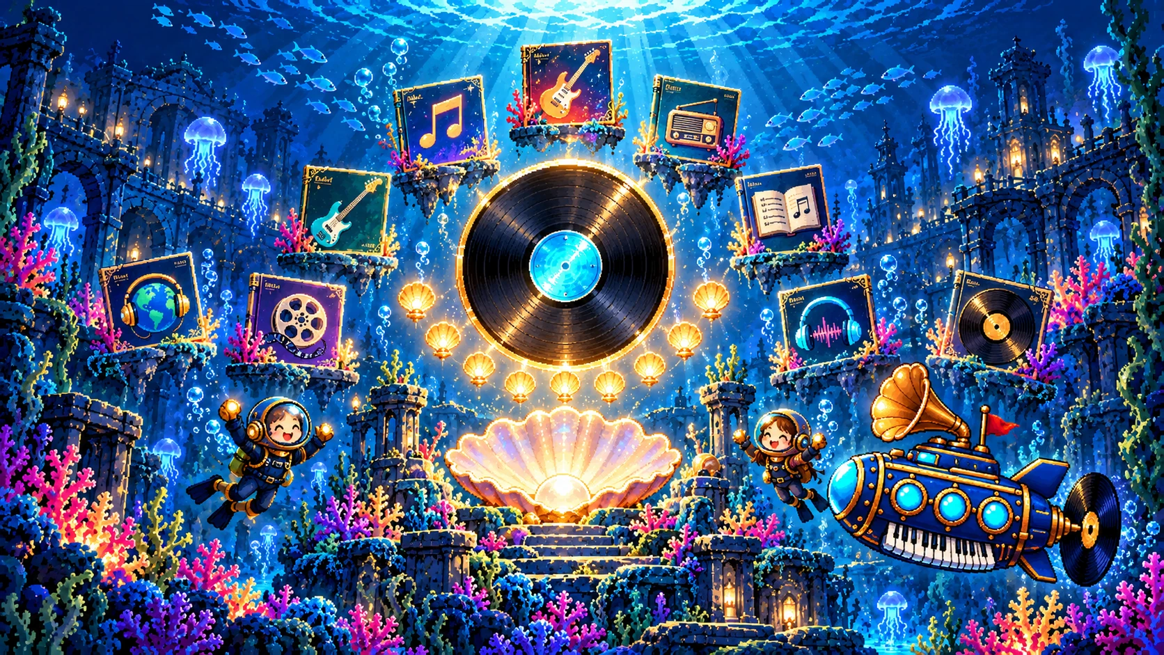 A glowing vinyl record above a pearl-shell stage, surrounded by nine musical record sleeves, joyful divers and the Krillion music submarine
