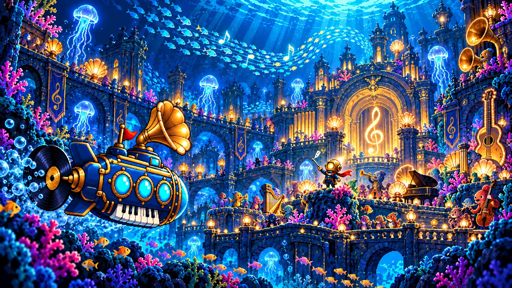 Krillion’s blue gramophone submarine arriving at a glowing underwater music harbor with a tiny diver conductor and sea-creature orchestra