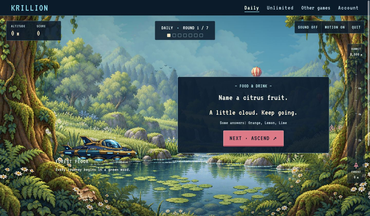 Noillirk Daily at the forest starting point, with a spaceship, pond and hot-air balloon